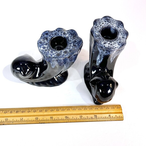 Anna Van Briggle Pottery BLACK Drip Horn Cornucopia Candle Holder Pair RARE VTG - Picture 11 of 12